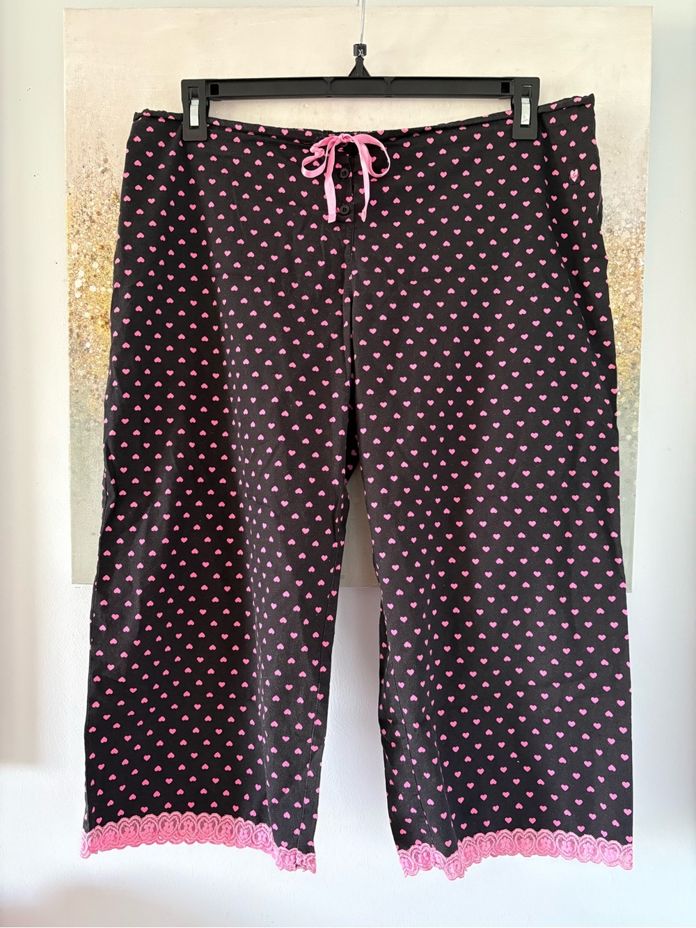 La SENZA Black PJ Pants with Pink Heart Print and Lace Trim (NWOT)